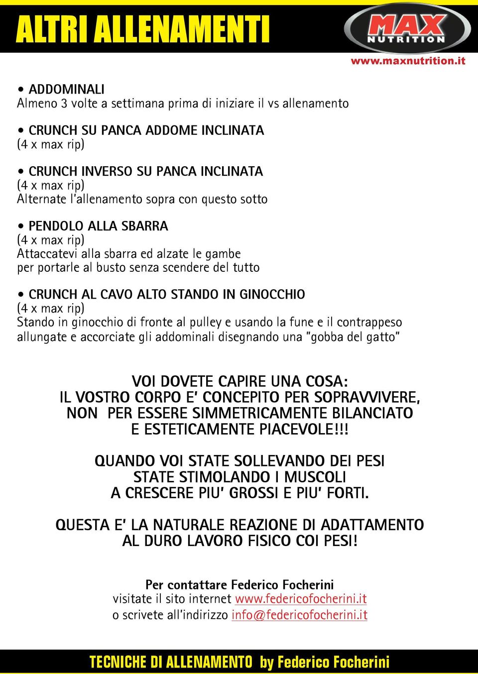 (4 x max rip) Stando in ginocchio di fronte al pulley e usando la fune e il contrappeso allungate e accorciate gli addominali disegnando una gobba del gatto VOI DOVETE CAPIRE UNA COSA: IL VOSTRO