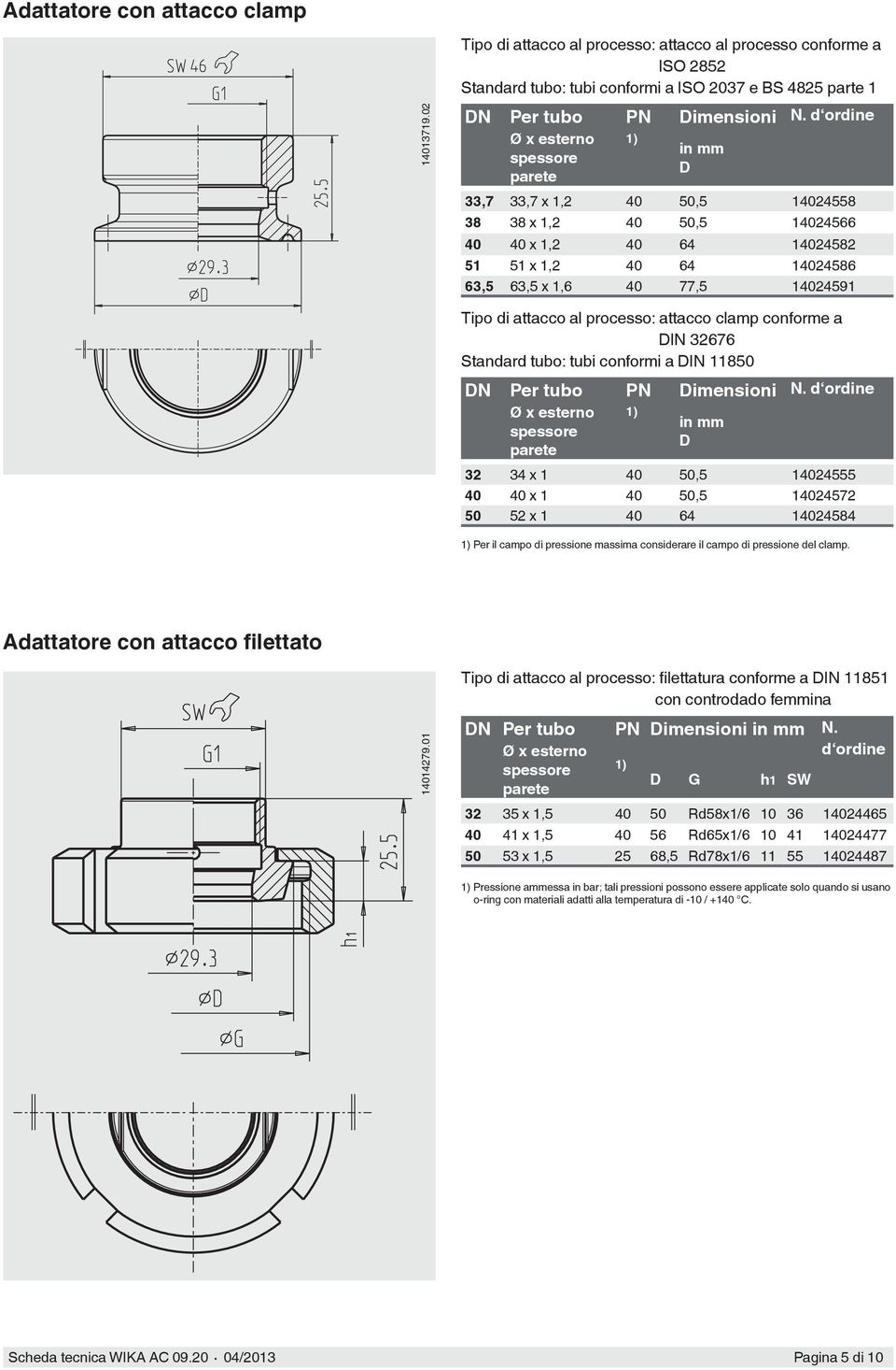 conforme a DIN 32676 Standard tubo: tubi conformi a DIN 11850 DN Per tubo PN Dimensioni in mm D N.