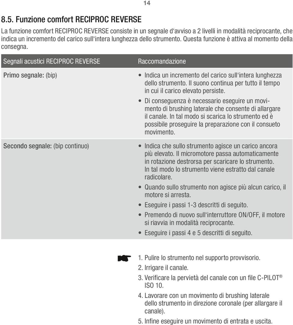 Segnali acustici RECIPROC REVERSE Primo segnale: (bip) Secondo segnale: (bip continuo) Raccomandazione Indica un incremento del carico sull intera lunghezza dello strumento.