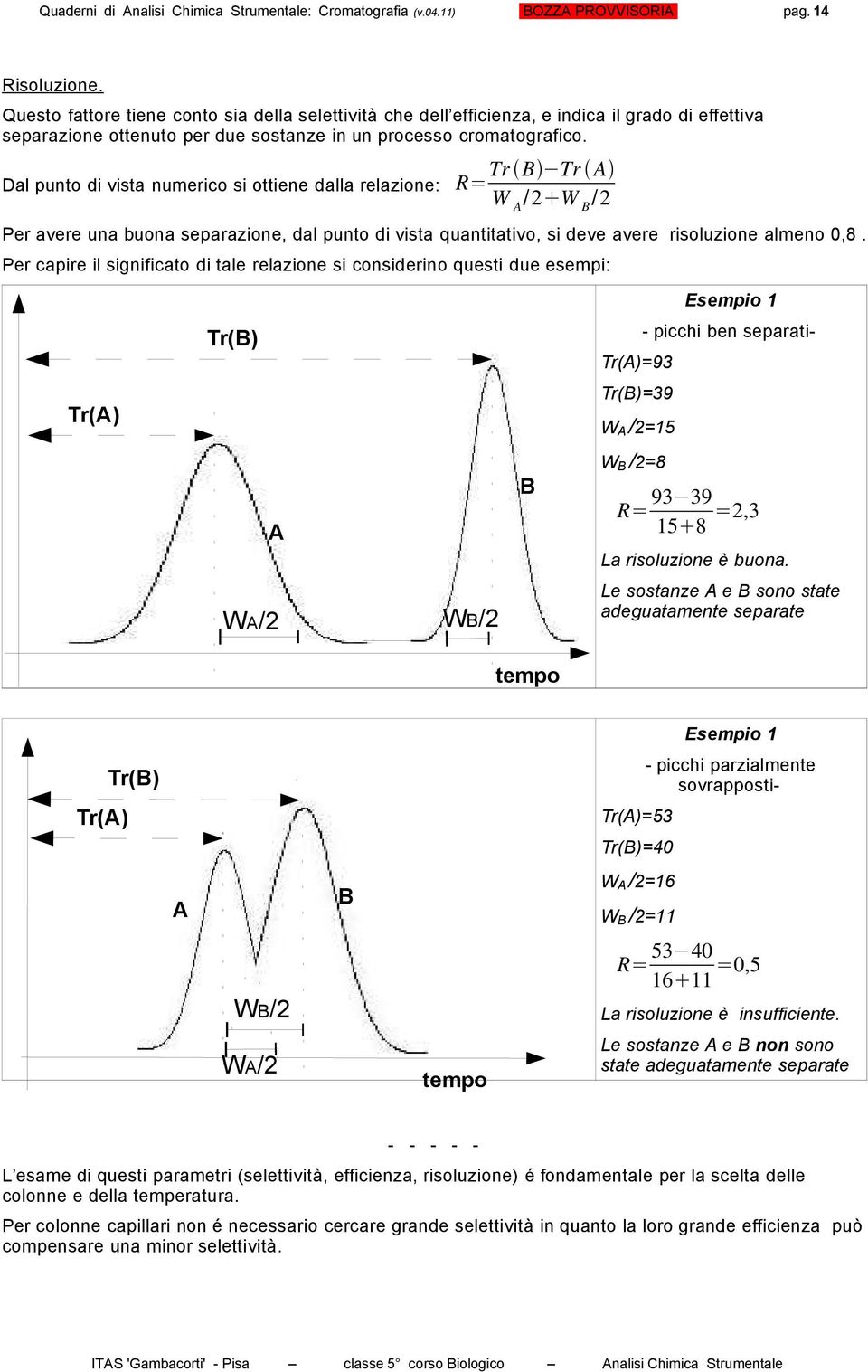 Dal punto di vista numerico si ottiene dalla relazione: Tr B Tr R= W /2 W B /2 Per avere una buona separazione, dal punto di vista quantitativo, si deve avere risoluzione almeno 0,8.