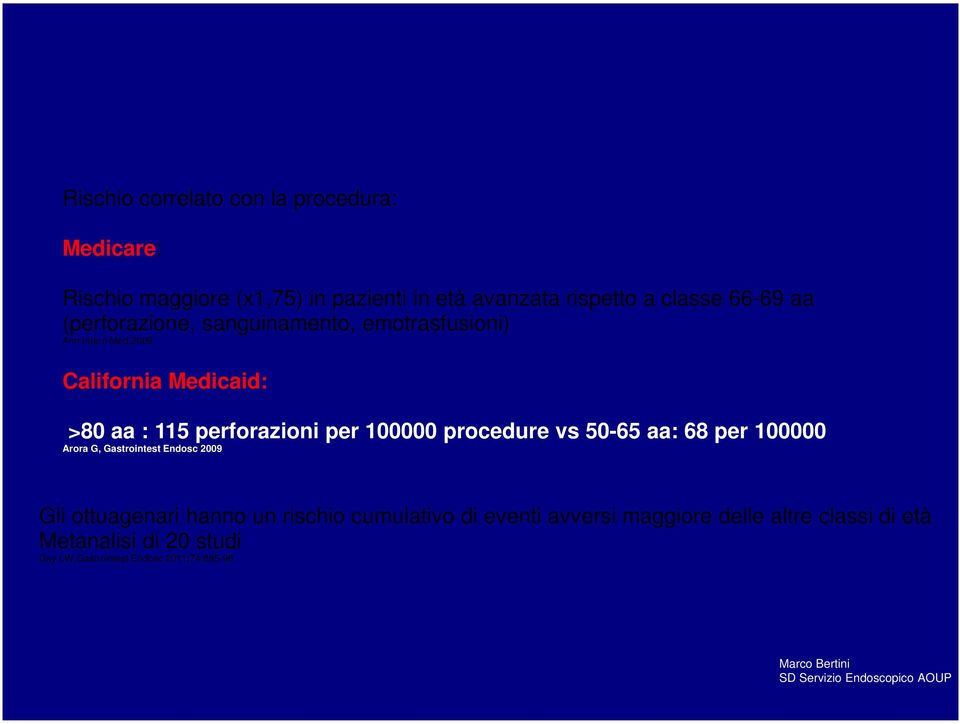 perforazioni per 100000 procedure vs 50-65 aa: 68 per 100000 Arora G, Gastrointest Endosc 2009 Gli ottuagenari hanno un