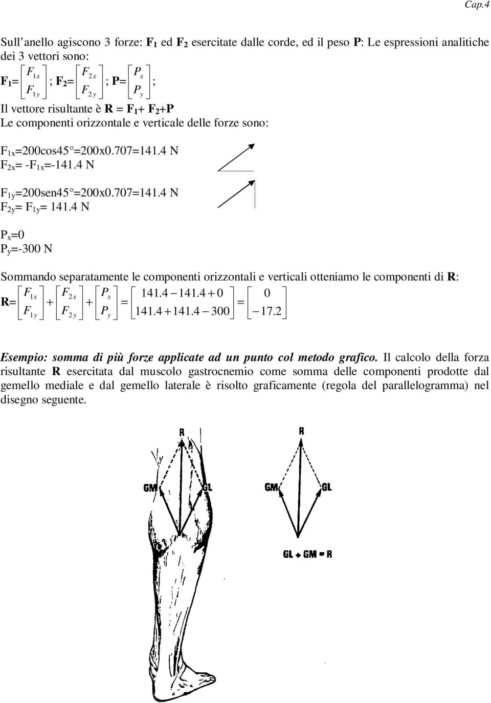 4 N P x =0 P y =-300 N Sommando separatamente le componenti orizzontali e verticali otteniamo le componenti di R: F1 F2 P 141.4 141.4 + 0 0 R= + + = = F1 y F2 y Py 141.4 + 141.4 300 17.