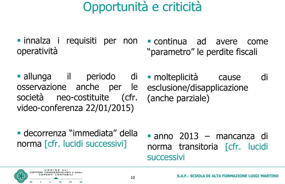 video-conferenza 22/01/2015) molteplicità cause di esclusione/disapplicazione (anche parziale)