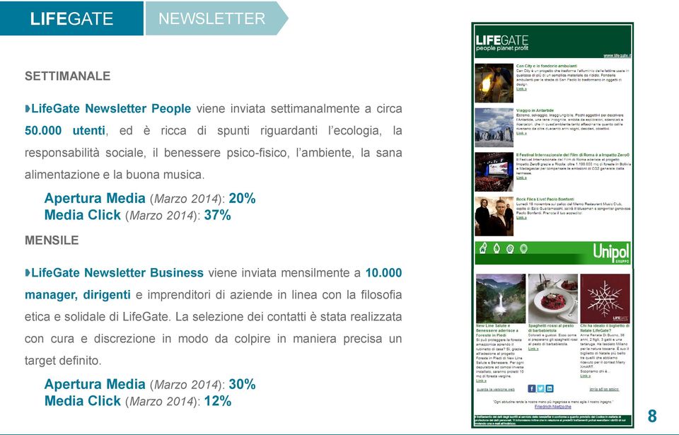 Apertura Media (Marzo 2014): 20% Media Click (Marzo 2014): 37% MENSILE LifeGate Newsletter Business viene inviata mensilmente a 10.