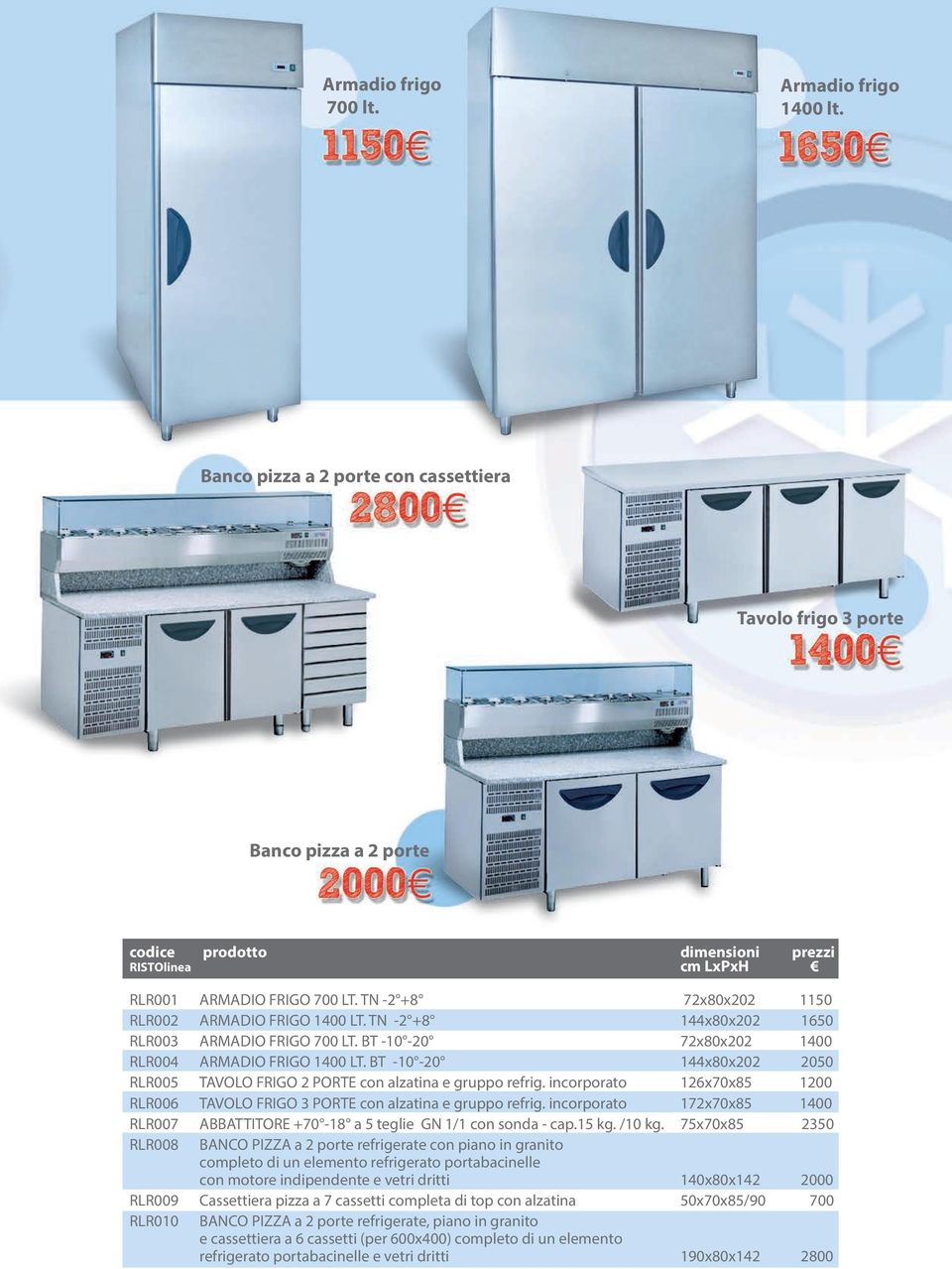 TN -2 +8 72x80x202 1150 RLR002 ARMADIO FRIGO 1400 LT. TN -2 +8 144x80x202 1650 RLR003 ARMADIO FRIGO 700 LT. BT -10-20 72x80x202 1400 RLR004 ARMADIO FRIGO 1400 LT.