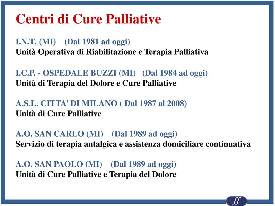 ( Dal 1987 al 2008) Unità di Cure Palliative A.O.