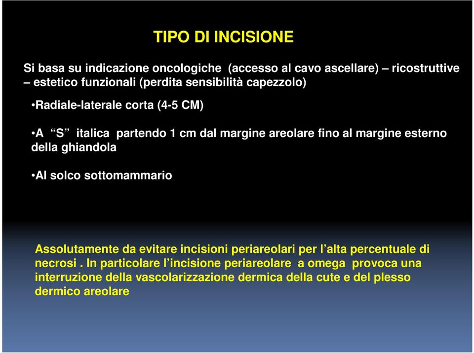 della ghiandola Al solco sottomammario Assolutamente da evitare incisioni periareolari per l alta percentuale di necrosi.