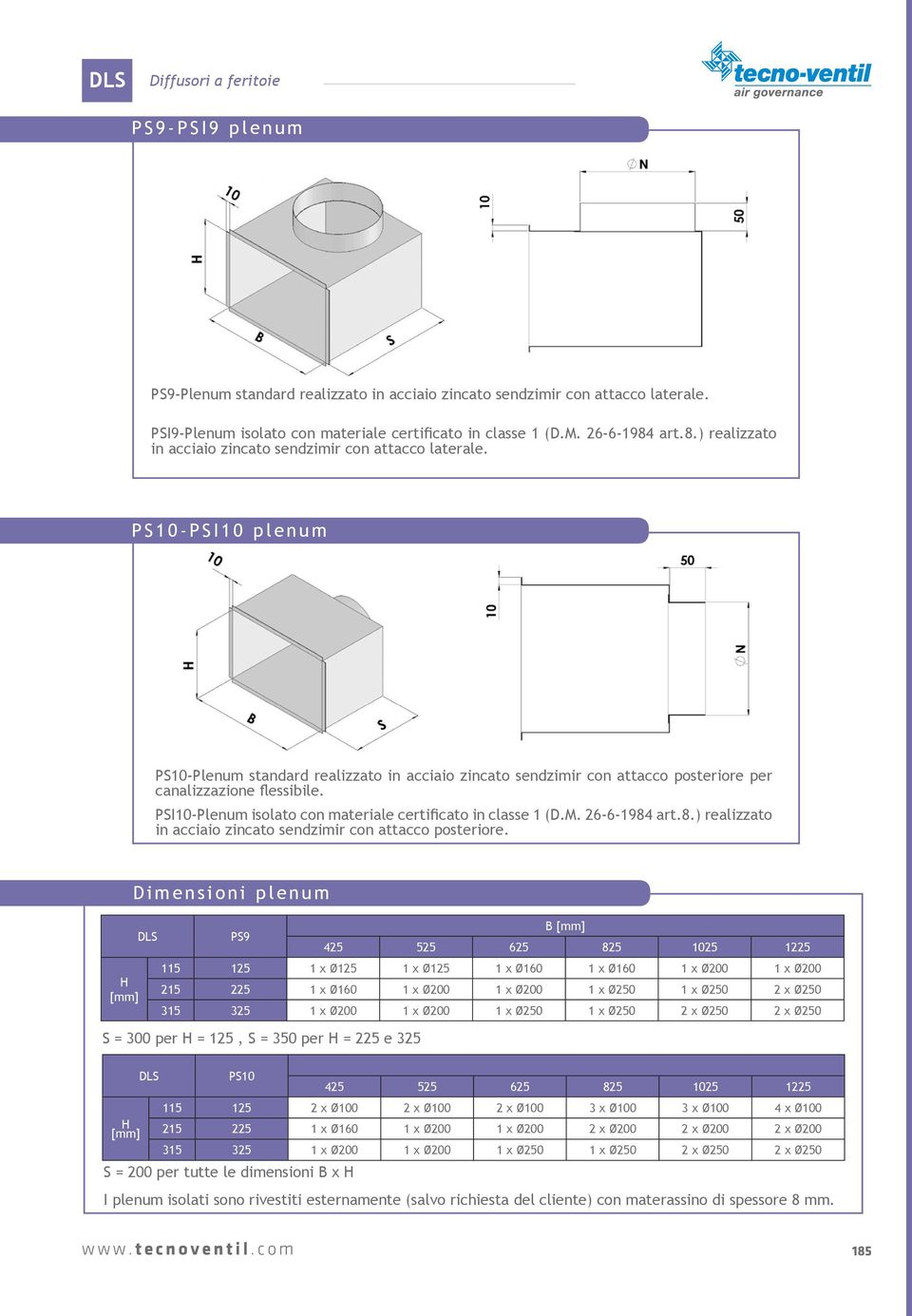 PS10-PSI10 plenum PS10-Plenum standard realizzato in acciaio zincato sendzimir con attacco posteriore per canalizzazione flessibile. PSI10-Plenum isolato con materiale certificato in classe 1 (D.M.