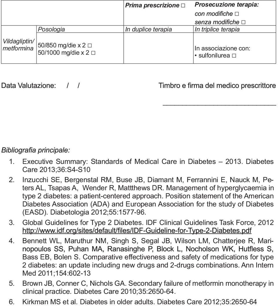 Inzucchi SE, Bergenstal RM, Buse JB, Diamant M, Ferrannini E, Nauck M, Peters AL, Tsapas A, Wender R, Mattthews DR. Management of hyperglycaemia in type 2 diabetes: a patient-centered approach.