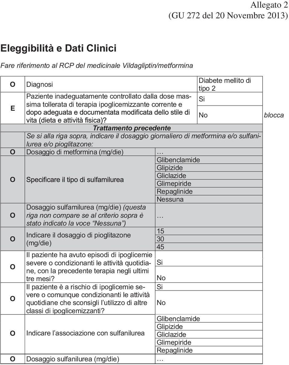 pioglitazone: Dosaggio di metformina (mg/die) Glibenclamide Glipizide Gliclazide Glimepiride Repaglinide Nessuna Dosaggio sulfamilurea (mg/die) (questa riga non compare se al criterio sopra è stato