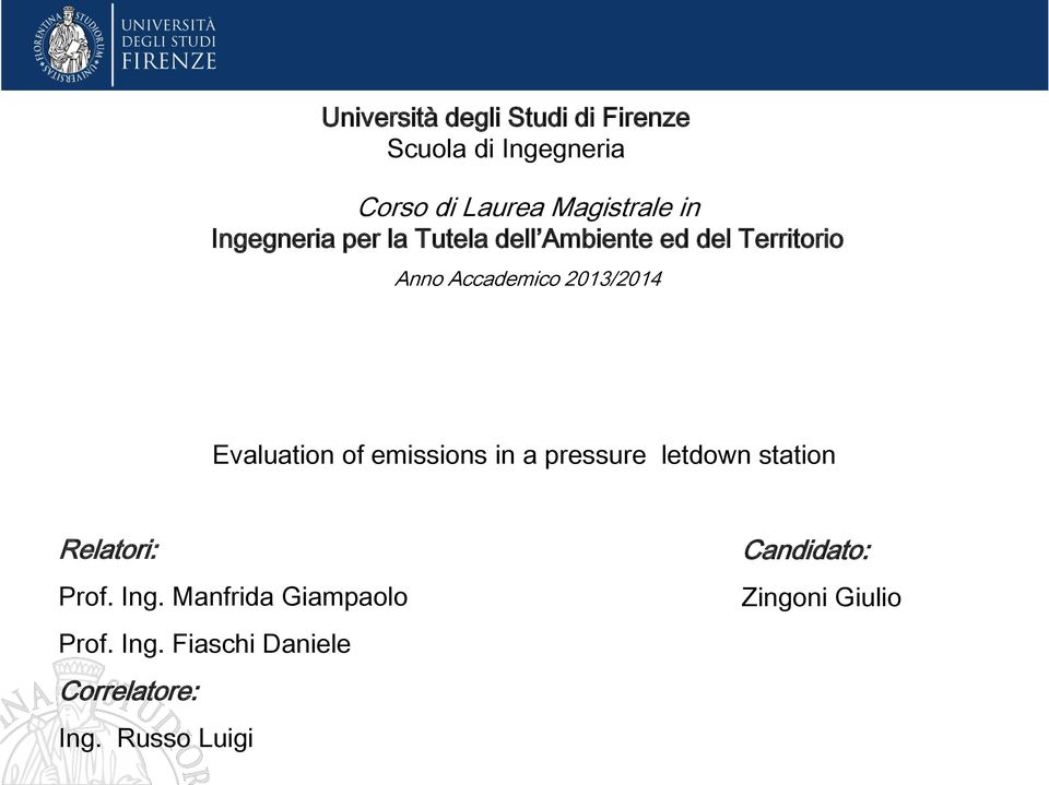 Evaluation of emissions in a pressure letdown station Relatori: Prof. Ing.