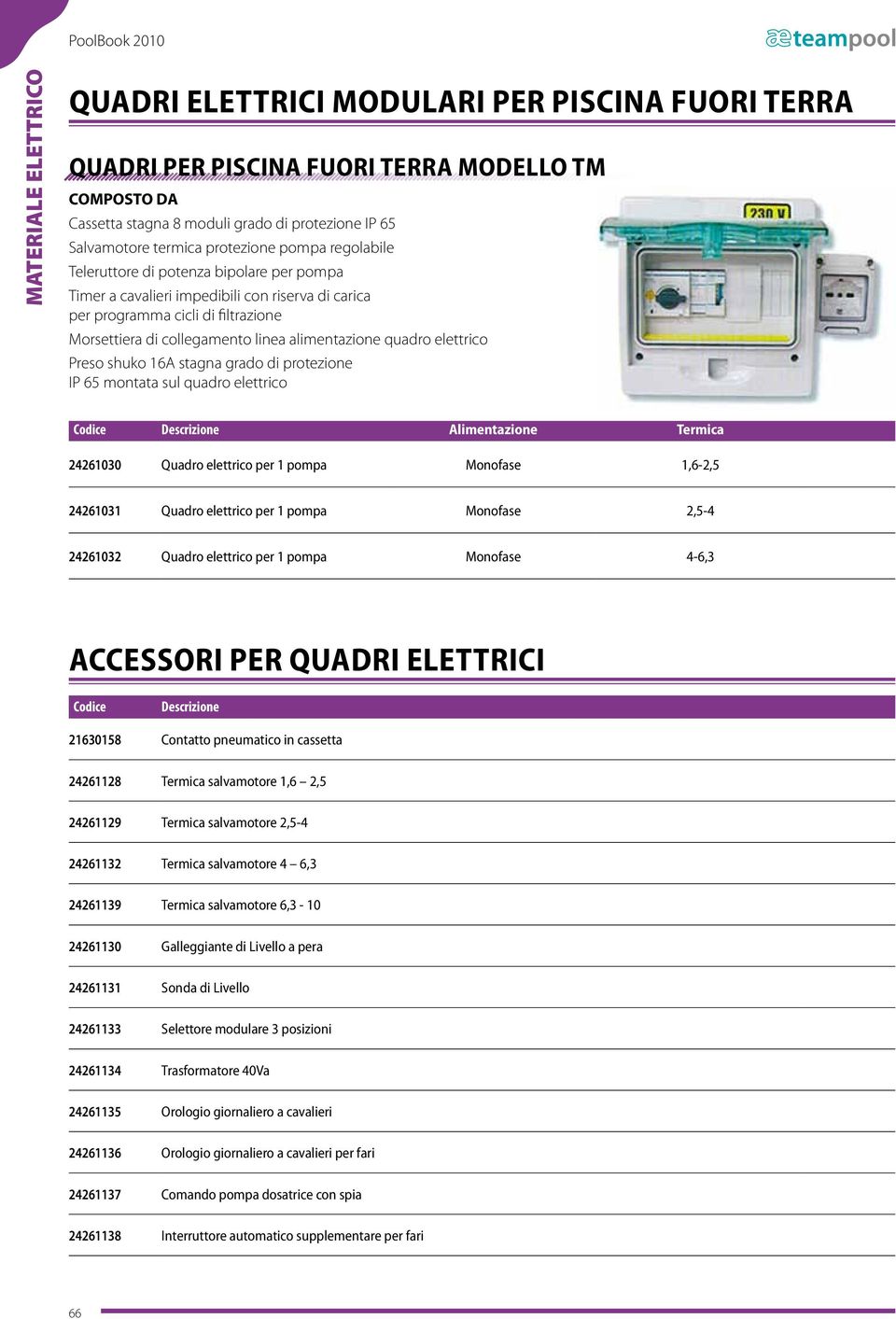 shuko 16A stagna grado di protezione IP 65 montata sul quadro elettrico 24261030 Quadro elettrico per 1 pompa Monofase 1,6-2,5 24261031 Quadro elettrico per 1 pompa Monofase 2,5-4 24261032 Quadro