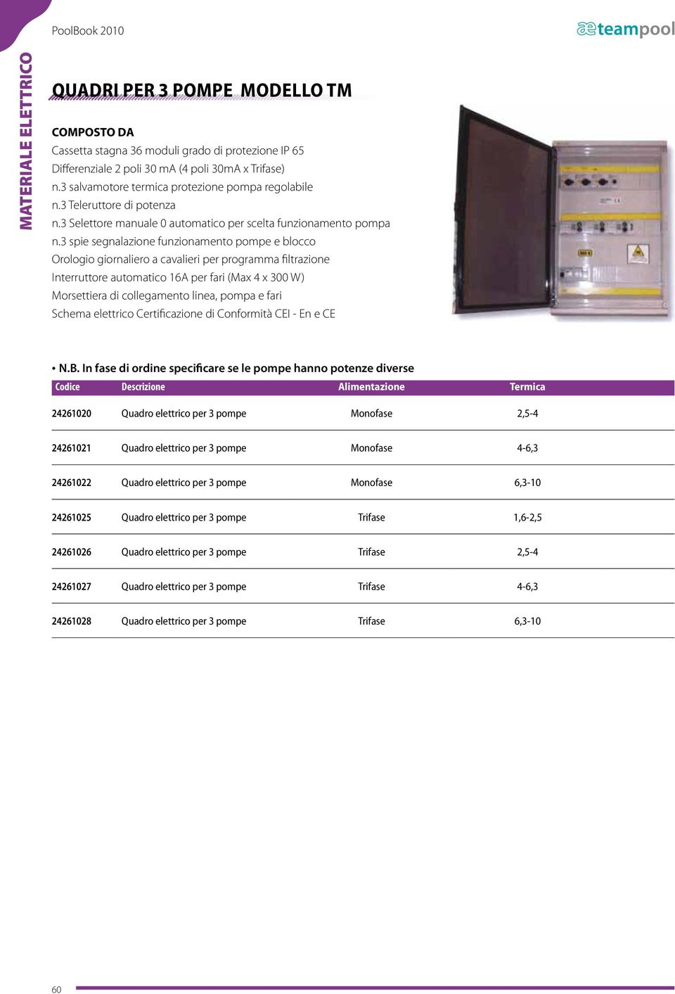 3 spie segnalazione funzionamento pompe e blocco Interruttore automatico 16A per fari (Max 4 x 300 W) Morsettiera di collegamento linea, pompa e fari Schema elettrico Certificazione di Conformità CEI