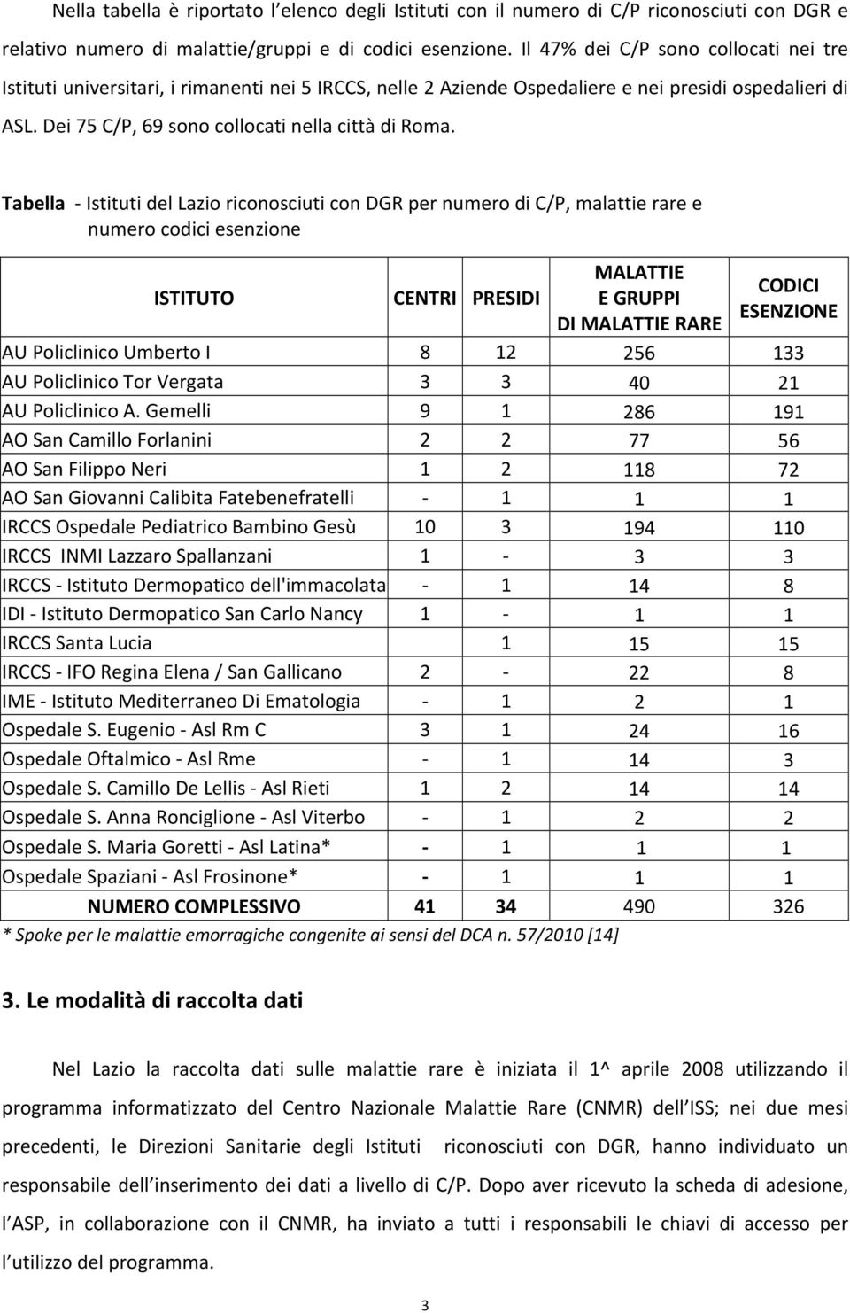 Tabella Istituti del Lazio riconosciuti con DGR per numero di C/P, malattie rare e numero codici esenzione ISTITUTO CENTRI PRESIDI MALATTIE CODICI E GRUPPI ESENZIONE DI MALATTIE RARE AU Policlinico
