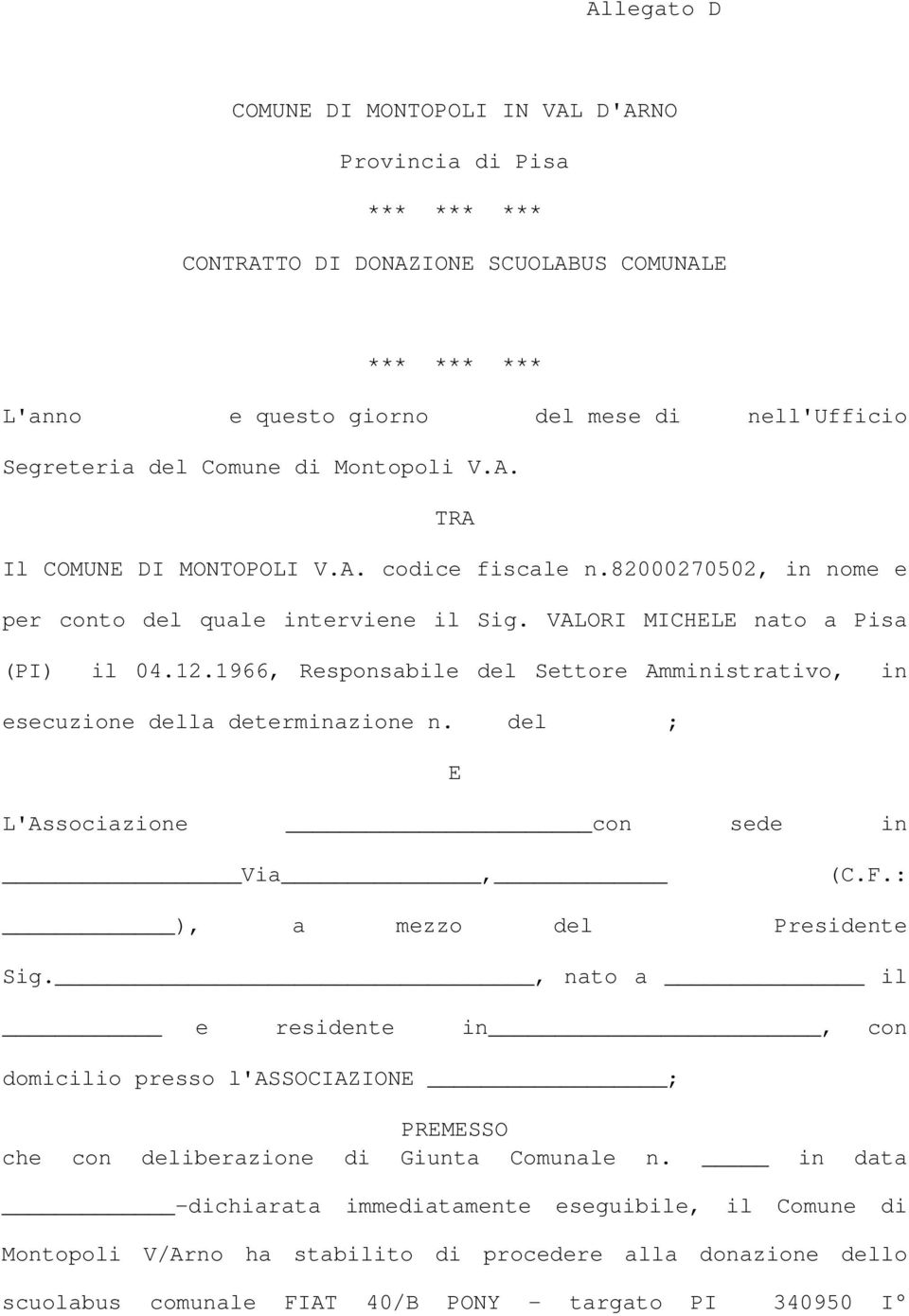 1966, Responsabile del Settore Amministrativo, in esecuzione della determinazione n. del ; E L'Associazione _con sede in Via_,_ (C.F.: _), a mezzo del Presidente Sig.