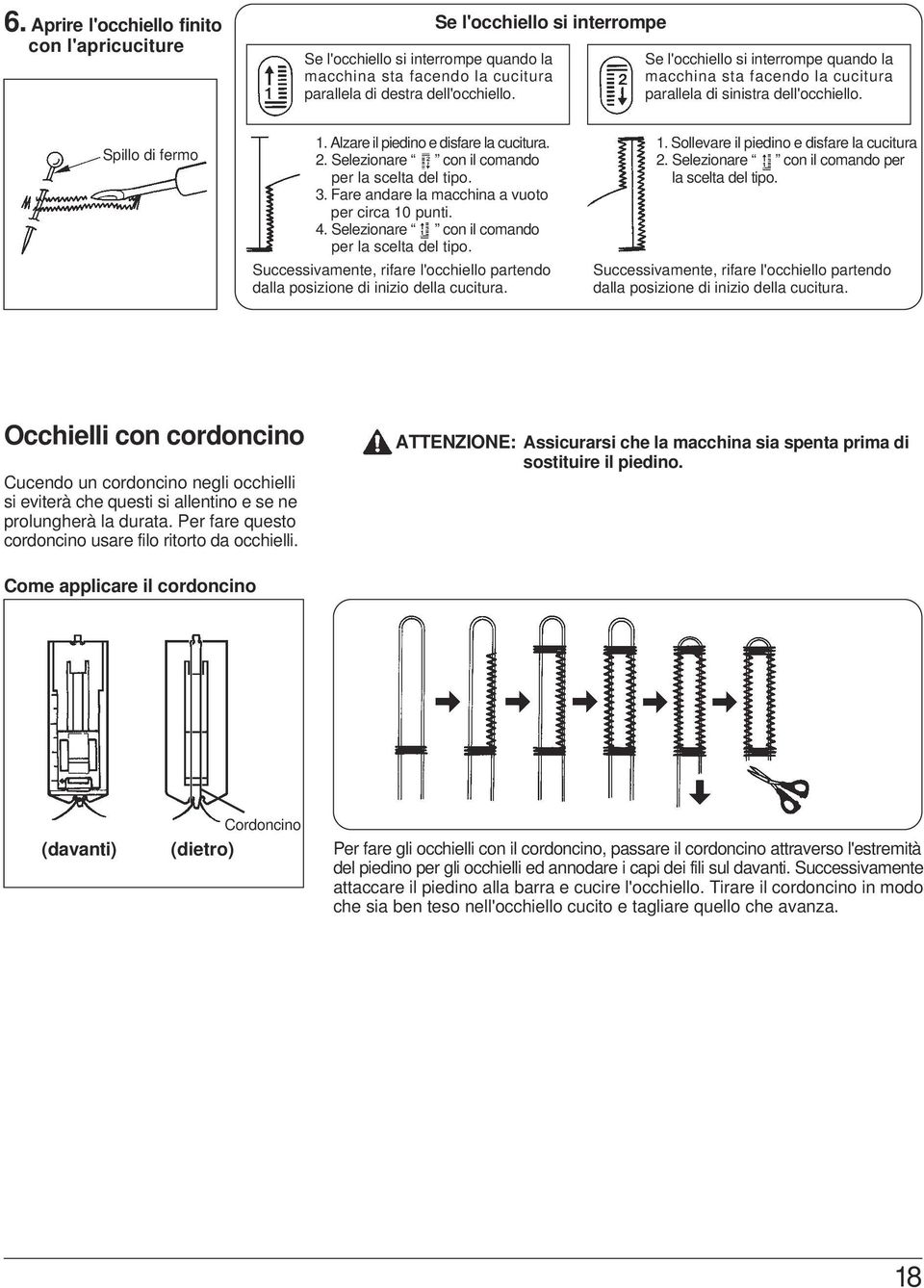 Selezionare con il comando per la scelta del tipo. 3. Fare andare la macchina a vuoto per circa 10 punti. 4. Selezionare con il comando per la scelta del tipo.