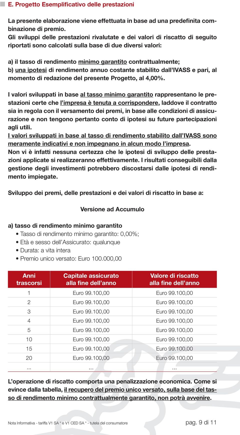 b) una ipotesi di rendimento annuo costante stabilito dall IVASS e pari, al momento di redazione del presente Progetto, al 4,00%.