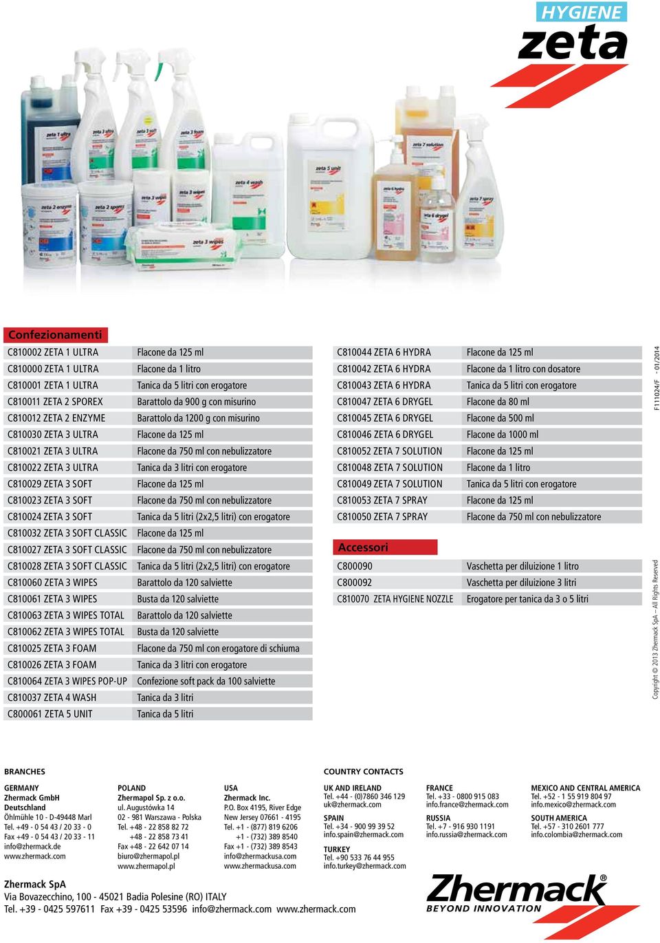 C810062 ZETA 3 WIPES TOTAL C810025 ZETA 3 FOAM C810026 ZETA 3 FOAM C810064 ZETA 3 WIPES POP-UP C810037 ZETA 4 WASH C800061 ZETA 5 UNIT Flacone da 125 ml Flacone da 1 litro Tanica da 5 litri con