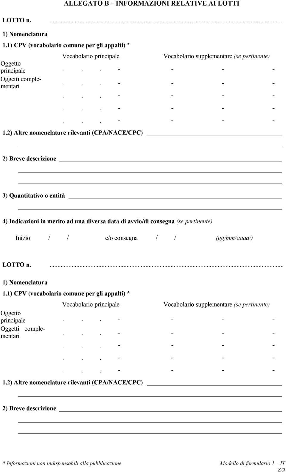 2) Altre nomenclature rilevanti (CPA/NACE/CPC) 2) Breve descrizione 3) Quantitativo o entità 4) Indicazioni in merito ad una diversa data di avvio/di consegna (se pertinente)