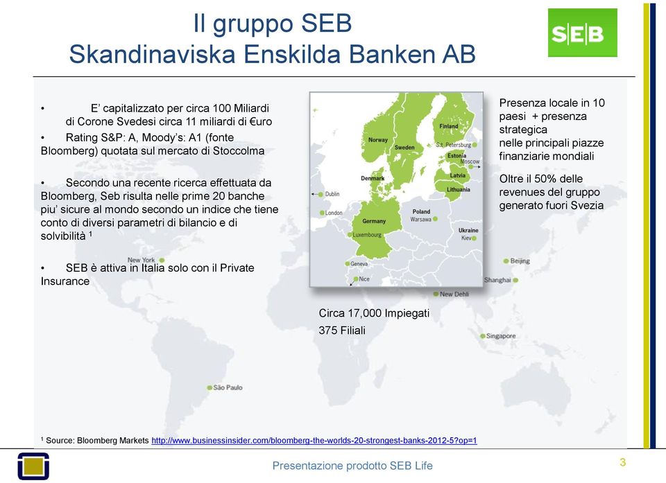 solvibilità 1 Presenza locale in 10 paesi + presenza strategica nelle principali piazze finanziarie mondiali Oltre il 50% delle revenues del gruppo generato fuori Svezia SEB è attiva in Italia