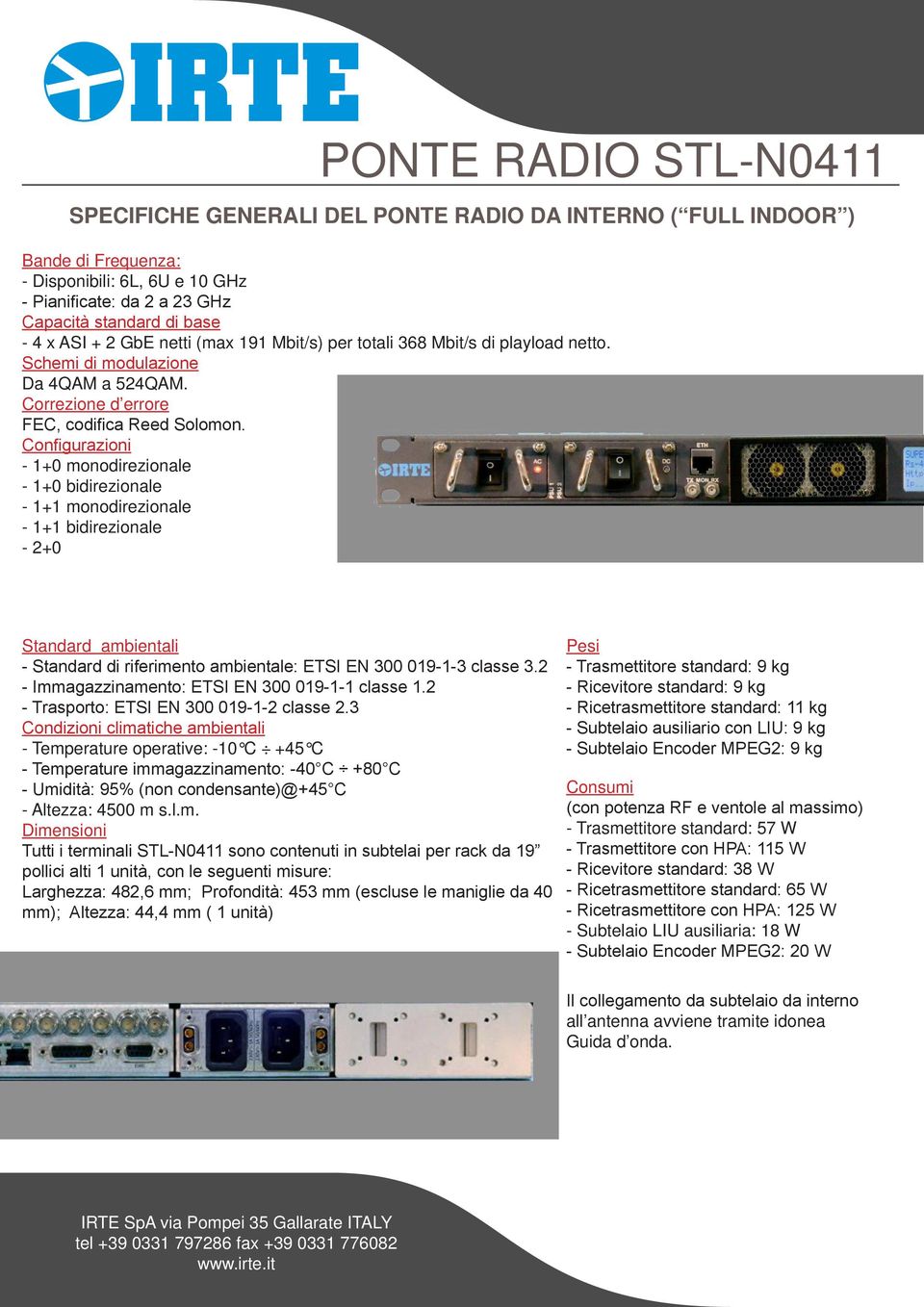 Configurazioni - 1+0 monodirezionale - 1+0 bidirezionale - 1+1 monodirezionale - 1+1 bidirezionale - 2+0 Standard ambientali - Standard di riferimento ambientale: ETSI EN 300 019-1-3 classe 3.