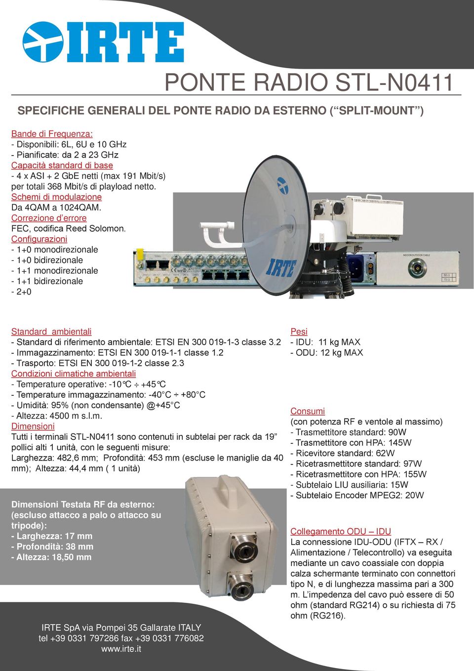 Configurazioni - 1+0 monodirezionale - 1+0 bidirezionale - 1+1 monodirezionale - 1+1 bidirezionale - 2+0 Standard ambientali - Standard di riferimento ambientale: ETSI EN 300 019-1-3 classe 3.