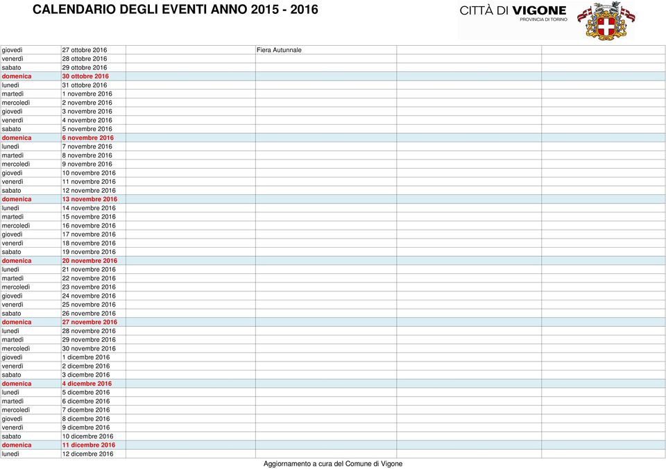 novembre 2016 sabato 12 novembre 2016 domenica 13 novembre 2016 lunedì 14 novembre 2016 martedì 15 novembre 2016 mercoledì 16 novembre 2016 giovedì 17 novembre 2016 venerdì 18 novembre 2016 sabato 19