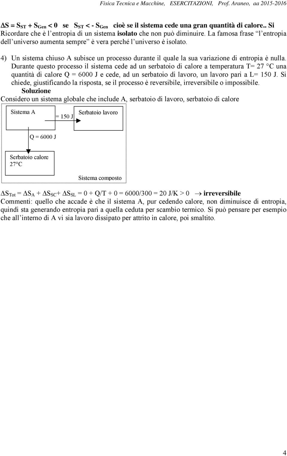 Durante questo processo il sistema cede ad un serbatoio di calore a temperatura T= 27 C una quantità di calore Q = 6000 J e cede, ad un serbatoio di lavoro, un lavoro pari a L= 150 J.