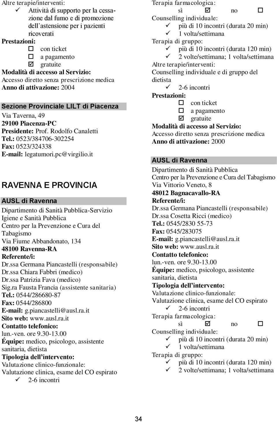 it RAVENNA E PROVINCIA AUSL di Ravenna Dipartimento di Sanità Pubblica-Servizio Igiene e Sanità Pubblica Centro per la Prevenzione e Cura del Tabagismo Via Fiume Abbandonato, 134 48100 Ravenna-RA Dr.