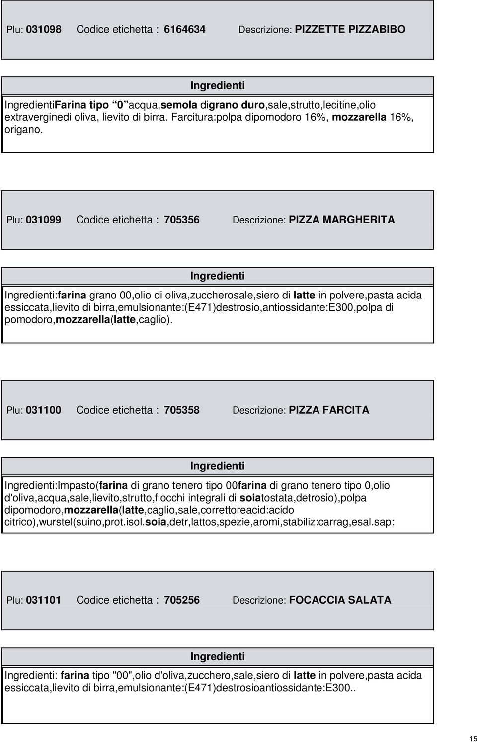 Plu: 031099 Codice etichetta : 705356 Descrizione: PIZZA MARGHERITA :farina grano 00,olio di oliva,zuccherosale,siero di latte in polvere,pasta acida essiccata,lievito di