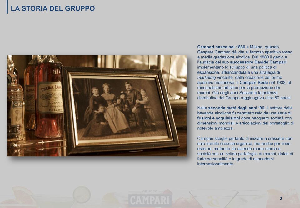 aperitivo monodose, il Campari Soda nel 1932, al mecenatismo artistico per la promozione dei marchi. Già negli anni Sessanta la potenza distributiva del Gruppo raggiungeva oltre 80 paesi.