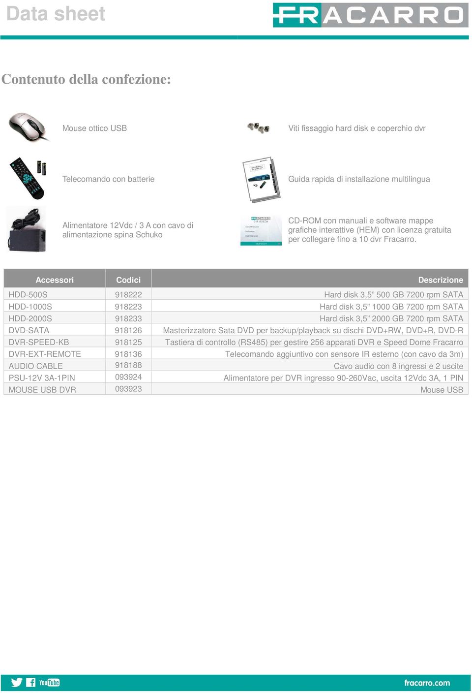 Accessori Codici Descrizione HDD-500S 918222 Hard disk 3,5 500 GB 7200 rpm SATA HDD-1000S 918223 Hard disk 3,5 1000 GB 7200 rpm SATA HDD-2000S 918233 Hard disk 3,5 2000 GB 7200 rpm SATA DVD-SATA