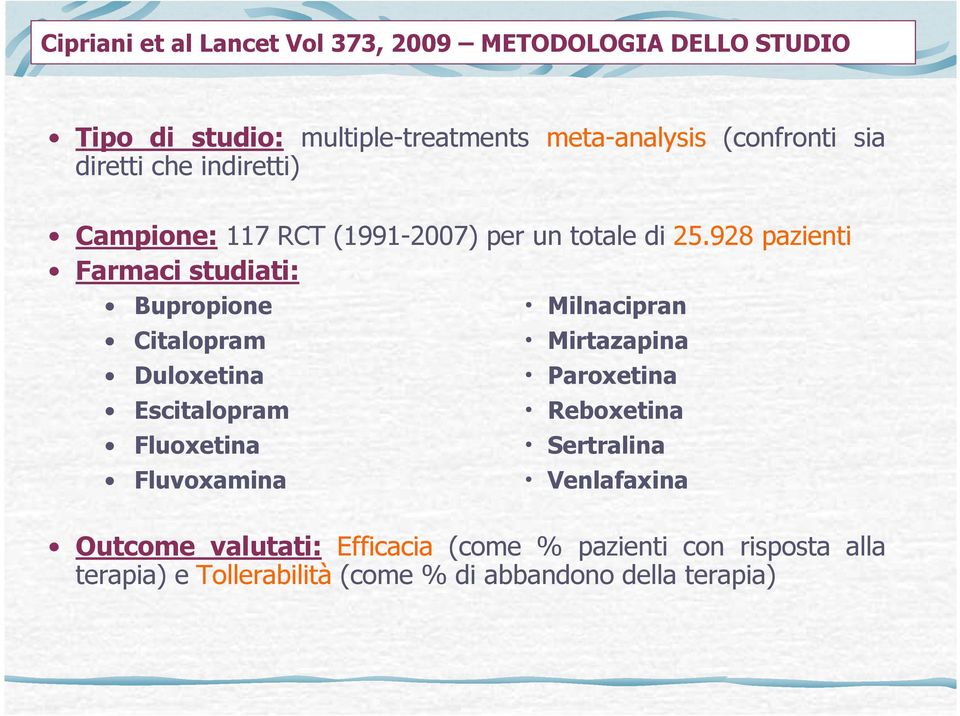 928 pazienti Farmaci studiati: Bupropione Citalopram Duloxetina Escitalopram Fluoxetina Fluvoxamina Milnacipran