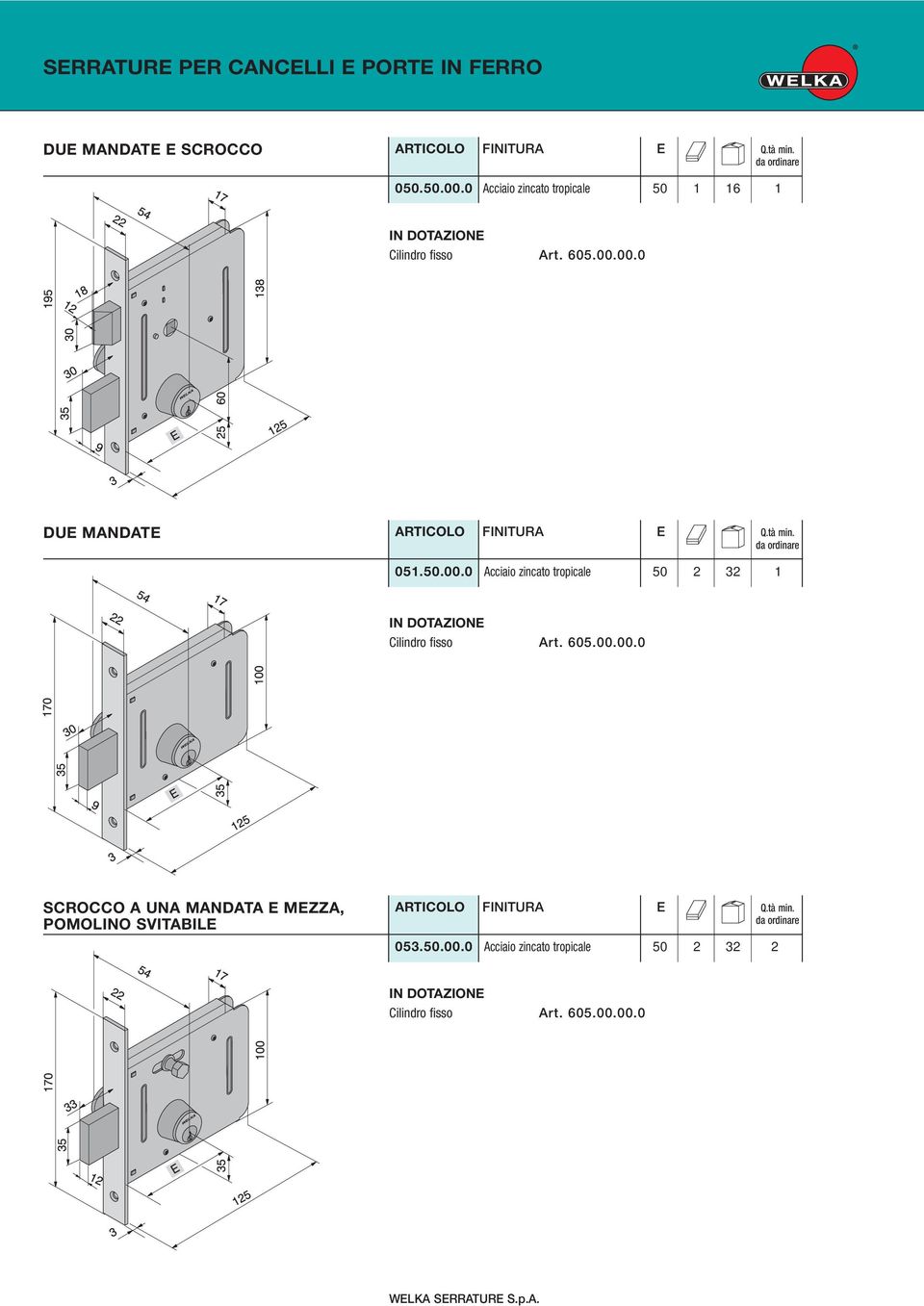 00.0 DUE MANDATE 051.50.00.0 Acciaio zincato tropicale 50 2 32 1 Cilindro fisso Art. 605.