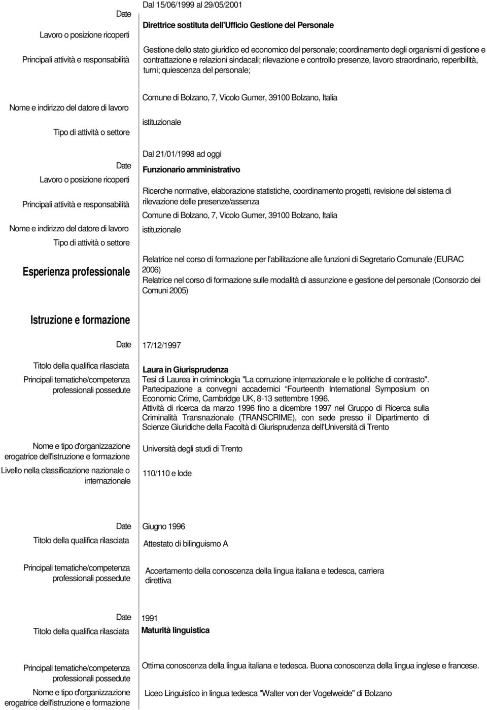 responsabilità Esperienza professionale Dal 21/01/1998 ad oggi Funzionario amministrativo Ricerche normative, elaborazione statistiche, coordinamento progetti, revisione del sistema di rilevazione