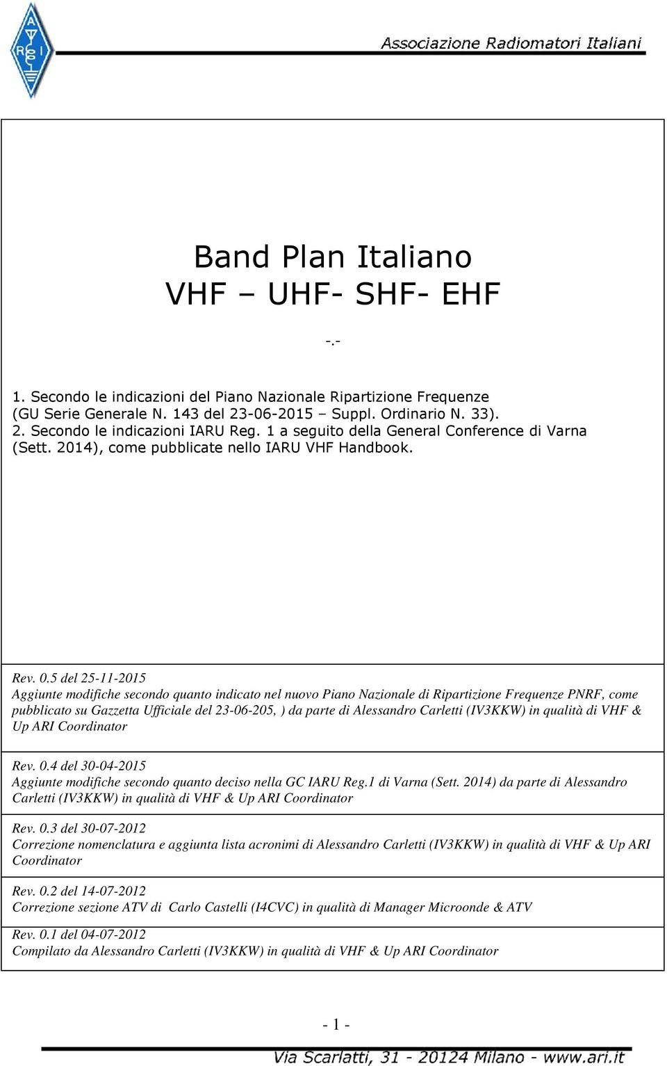 5 del 25-11-2015 Aggiunte modifiche secondo quanto indicato nel nuovo Piano Nazionale di Ripartizione Frequenze PNRF, come pubblicato su Gazzetta Ufficiale del 23-06-205, ) da parte di Alessandro