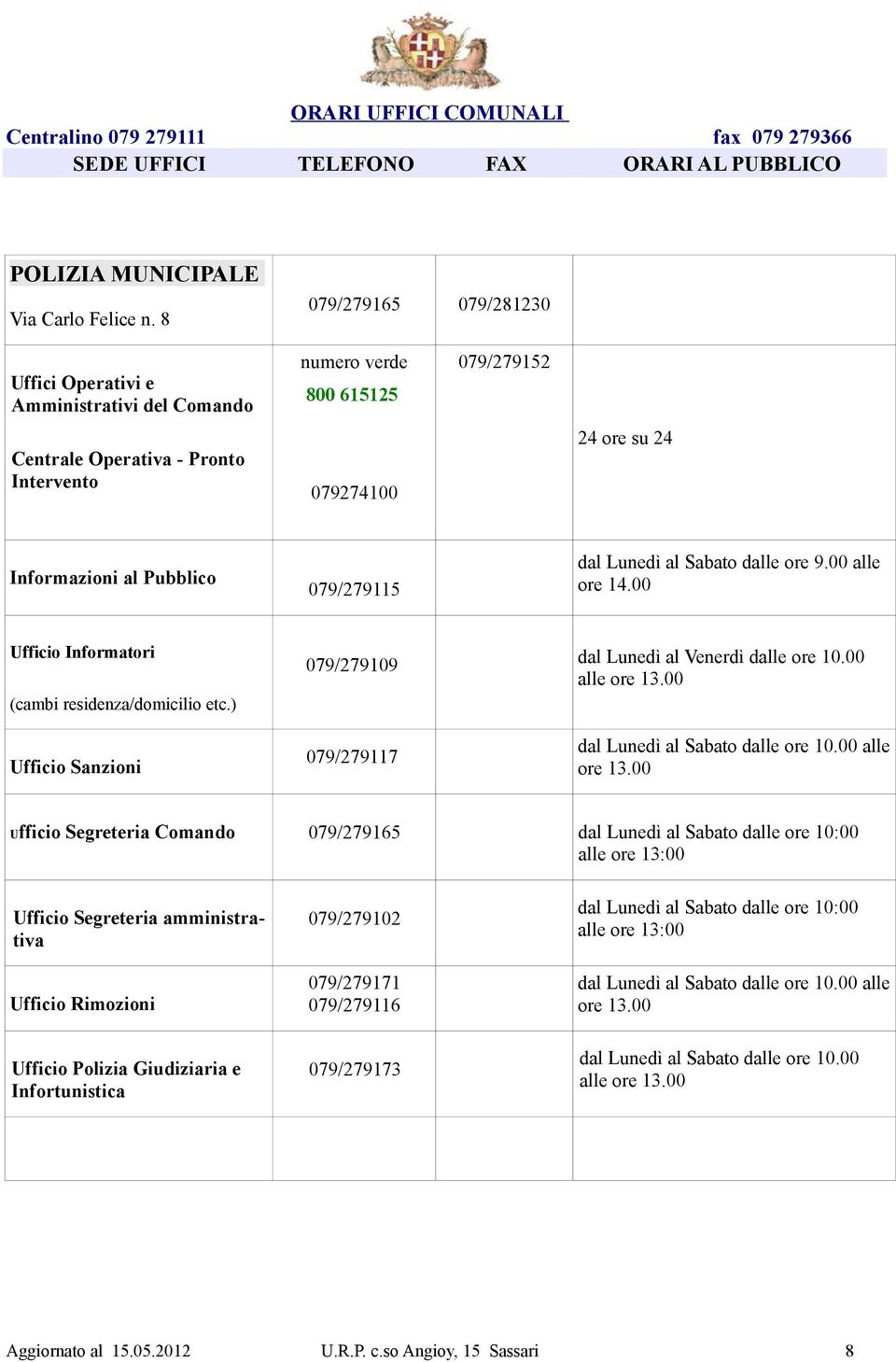 079/279115 dal Lunedì al Sabato dalle ore 9.00 alle ore 14.00 Ufficio Informatori (cambi residenza/domicilio etc.) Ufficio Sanzioni 079/279109 079/279117 dal Lunedì al Venerdì dalle ore 10.