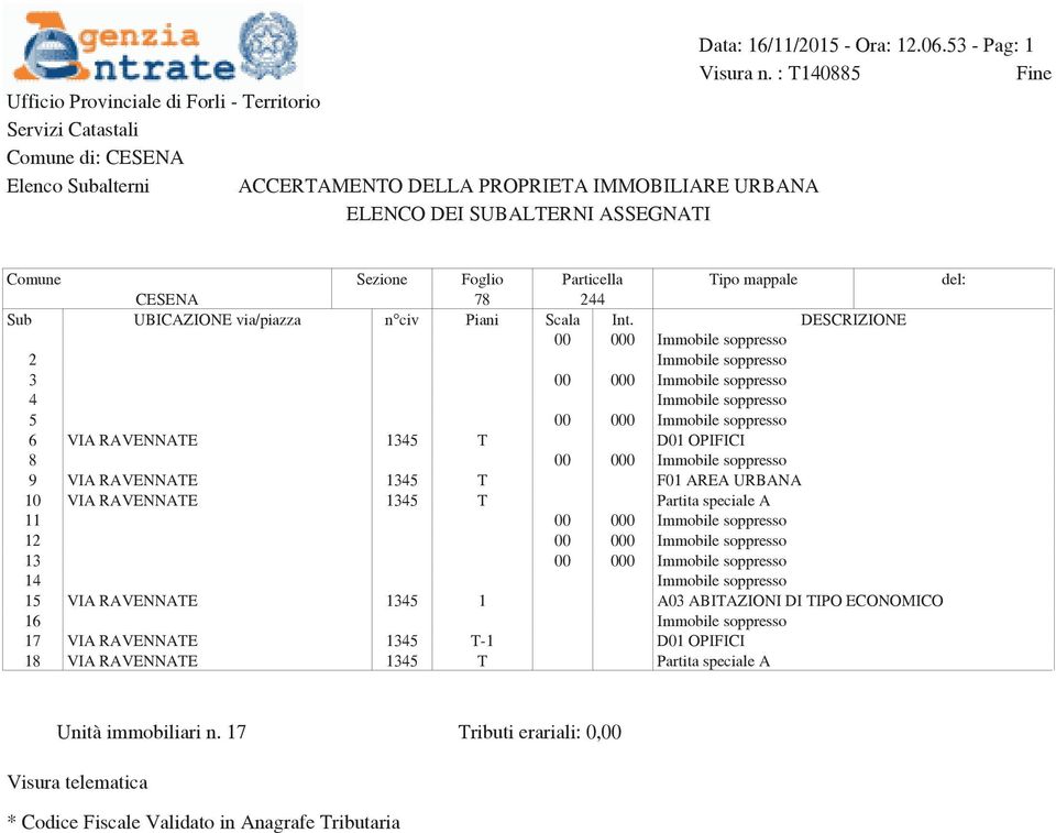 DESCRIZIONE 00 000 Immobile soppresso 2 Immobile soppresso 3 00 000 Immobile soppresso 4 Immobile soppresso 5 00 000 Immobile soppresso 6 VIA RAVENNATE 1345 T D01 OPIFICI 8 00 000 Immobile soppresso