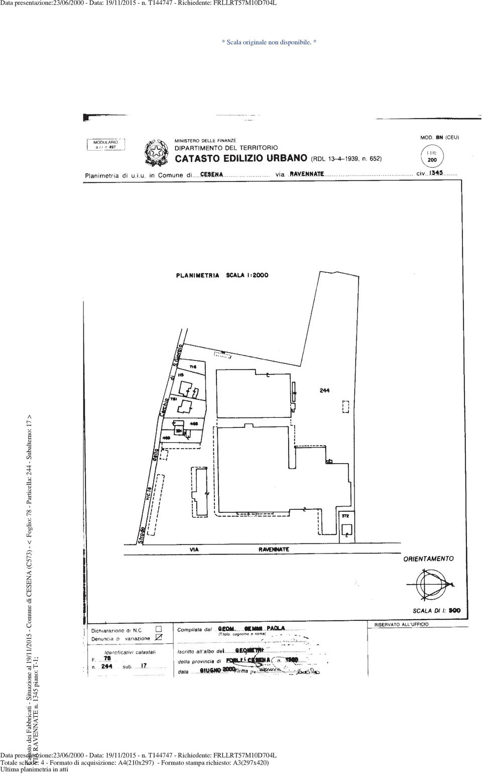 > VIA RAVENNATE n. 1345 piano: T-1; Data presentazione:23/06/2000 - Data: 19/11/2015 - n.