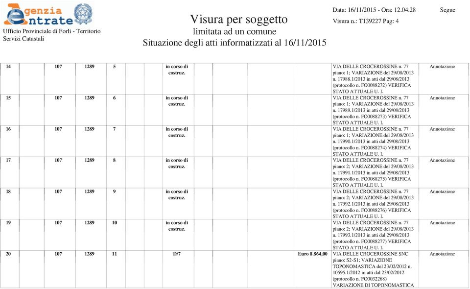 1/2013 in atti dal 29/08/2013 (protocollo n. FO0088272) VERIFICA STATO ATTUALE U. I. VIA DELLE CROCEROSSINE n. 77 piano: 1; VARIAZIONE del 29/08/2013 n. 17989.