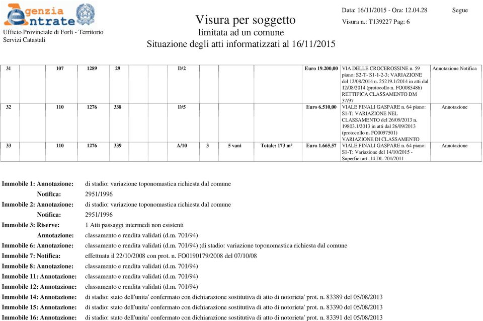 64 piano: S1-T; VARIAZIONE NEL CLASSAMENTO del 26/09/2013 n. 19803.1/2013 in atti dal 26/09/2013 (protocollo n.