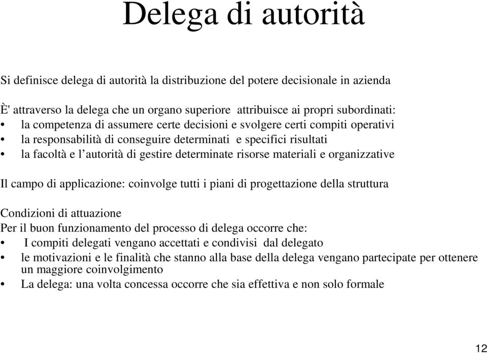 organizzative Il campo di applicazione: coinvolge tutti i piani di progettazione della struttura Condizioni di attuazione Per il buon funzionamento del processo di delega occorre che: I compiti