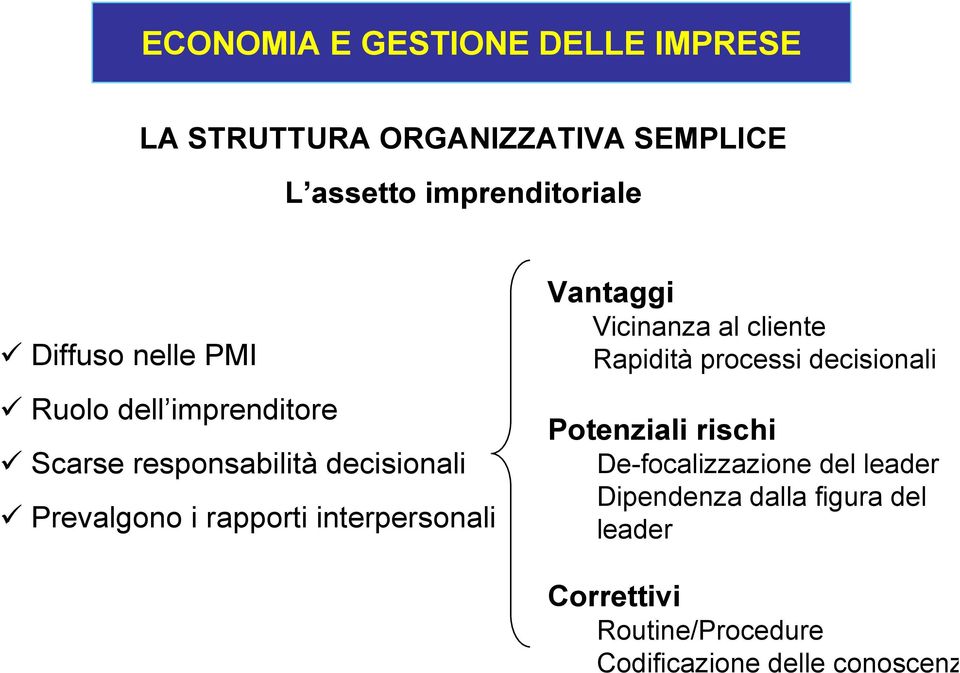 Vicinanza al cliente Rapidità processi decisionali Potenziali rischi De-focalizzazione del