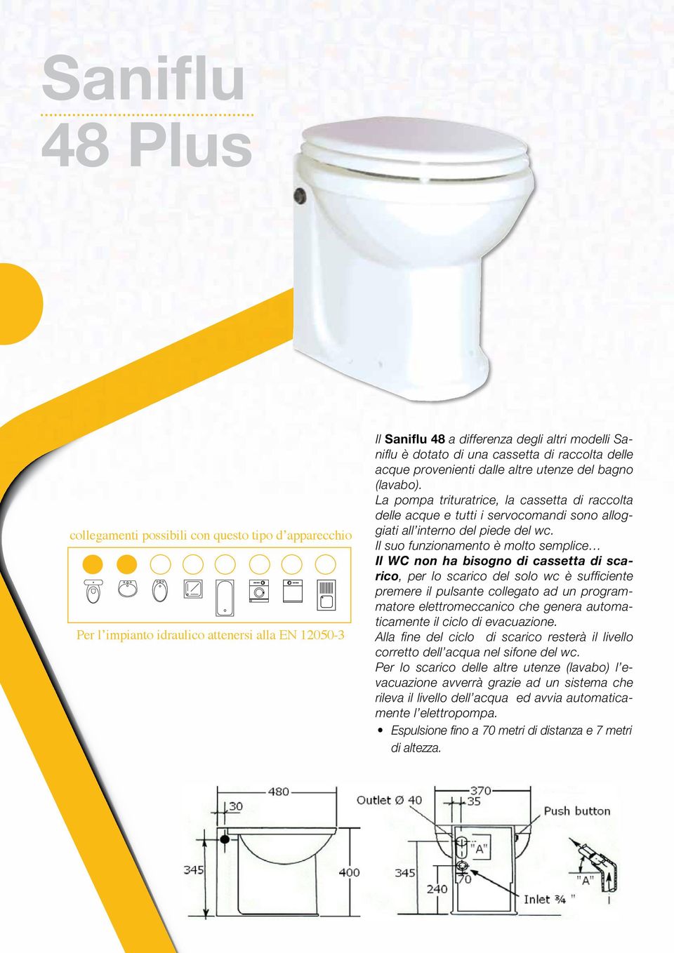 Il suo funzionamento è molto semplice Il WC non ha bisogno di cassetta di scarico, per lo scarico del solo wc è sufficiente premere il pulsante collegato ad un programmatore elettromeccanico che