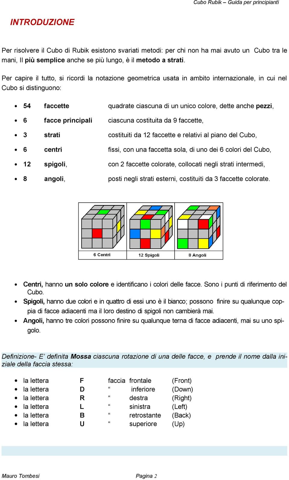 principali ciascuna costituita da 9 faccette, 3 strati costituiti da 12 faccette e relativi al piano del Cubo, 6 centri fissi, con una faccetta sola, di uno dei 6 colori del Cubo, 12 spigoli, con 2