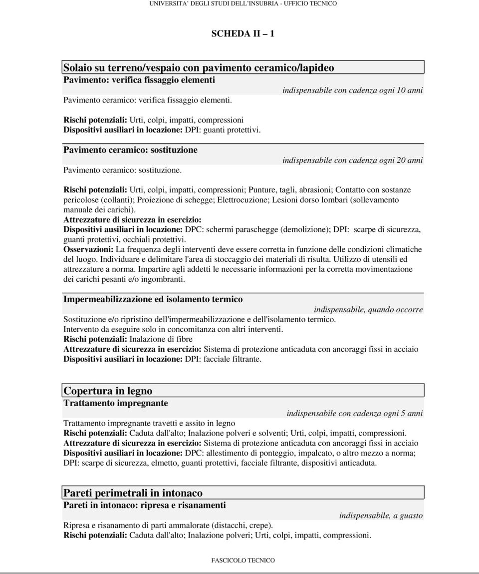 indispensabile con cadenza ogni 20 anni Rischi potenziali: Urti, colpi, impatti, compressioni; Punture, tagli, abrasioni; Contatto con sostanze pericolose (collanti); Proiezione di schegge;