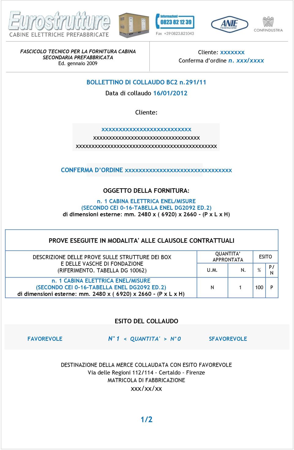 ORDINE xxxxxxxxxxxxxxxxxxxxxxxxxxxxxxx OGGETTO DELLA FORNITURA: PROVE ESEGUITE IN MODALITA' ALLE CLAUSOLE CONTRATTUALI DESCRIZIONE DELLE PROVE SULLE STRUTTURE DEI BOX E