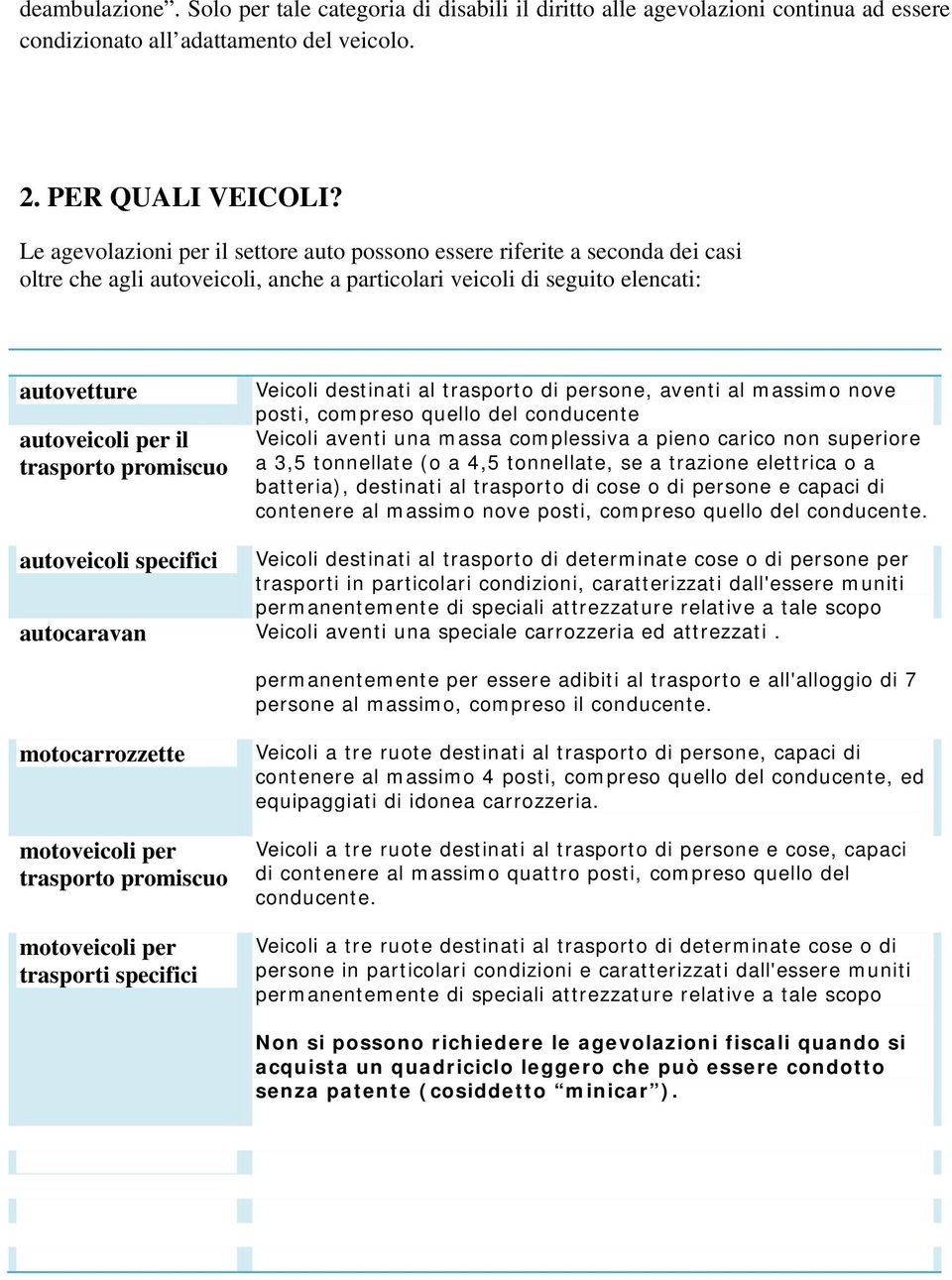 promiscuo Veicoli destinati al trasporto di persone, aventi al massimo nove posti, compreso quello del conducente Veicoli aventi una massa complessiva a pieno carico non superiore a 3,5 tonnellate (o