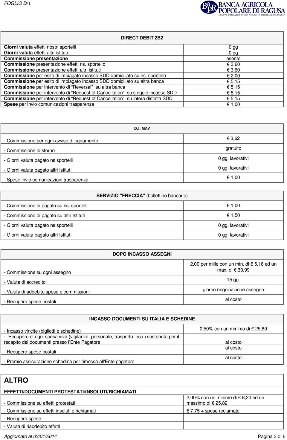 sportello 2,00 Commissione per esito di impiagato incasso SDD domiciliato su altra banca 5,15 Commissione per intervento di Reversal su altra banca 5,15 Commissione per intervento di Request of