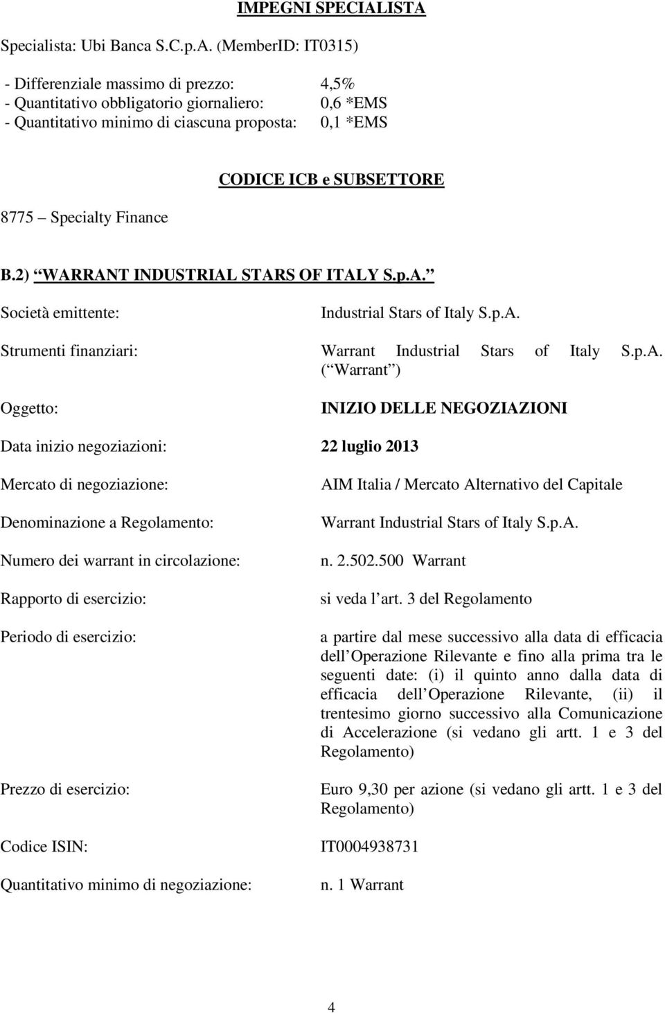 8775 Specialty Finance CODICE ICB e SUBSETTORE B.2) WAR